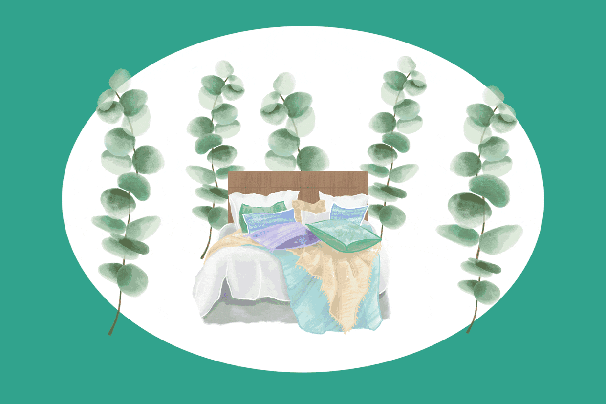 An illustration of a bed in front of eucalyptus leaves on a green background.