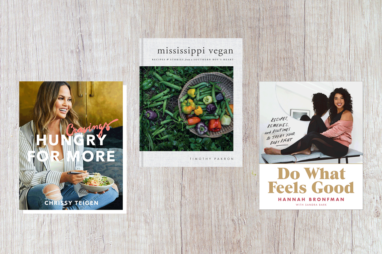 An animated gif of Chrissy Teigen’s Cravings: Hungry For More, Timothy Pakron’s Mississippi Vegan: Recipes and Stories from a Southern Boy’s Heart, and Hannah Bronfman's newest book Do What Feels Good with a rotating white drop shadow.