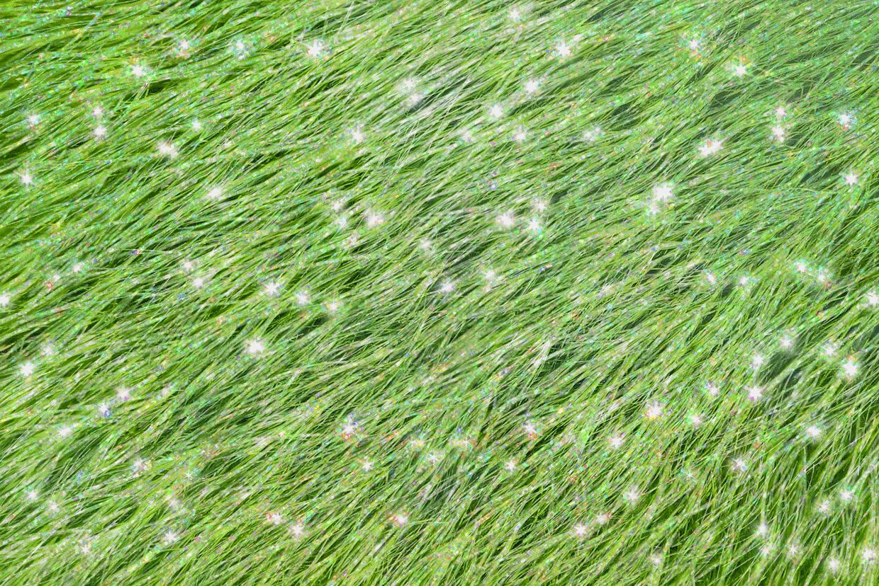 Colorful lawnmowers moving across a lawn, cutting the grass and leaving behind glitter.